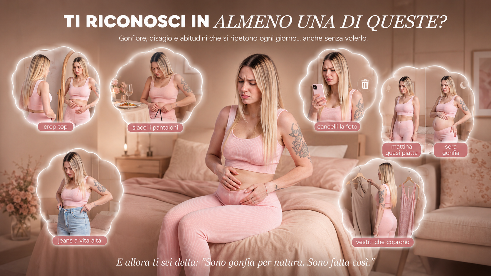Ti riconosci in almeno una di queste? Collage di situazioni quotidiane con pancia gonfia
